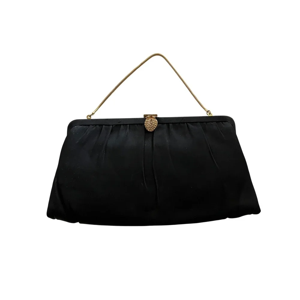 Vintage HL USA Black Satin Evening Clutch Rhinestone Strawberry Clasp Gold Chain